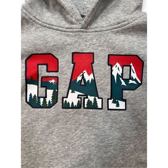 Gap Arch Logo Hoodie w Pocket Mountain Snow Cap Trees Grey Boys Medium Size 10 - Picture 2 of 8